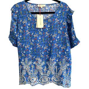 Solitaire Women's Royal Blue Floral Short Sleeve Shirt Scalloped Edge Size Large